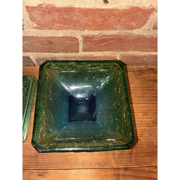 Jeannette Blue Green Glass Footed Candy Dish Grape Leaf - Picture 9 of 9